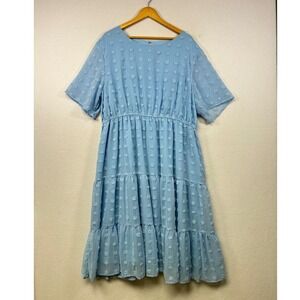 INVOLAND Light‎ Blue Swiss Dot Tiered Midi Dress Plus Size 20W Short Sleeve